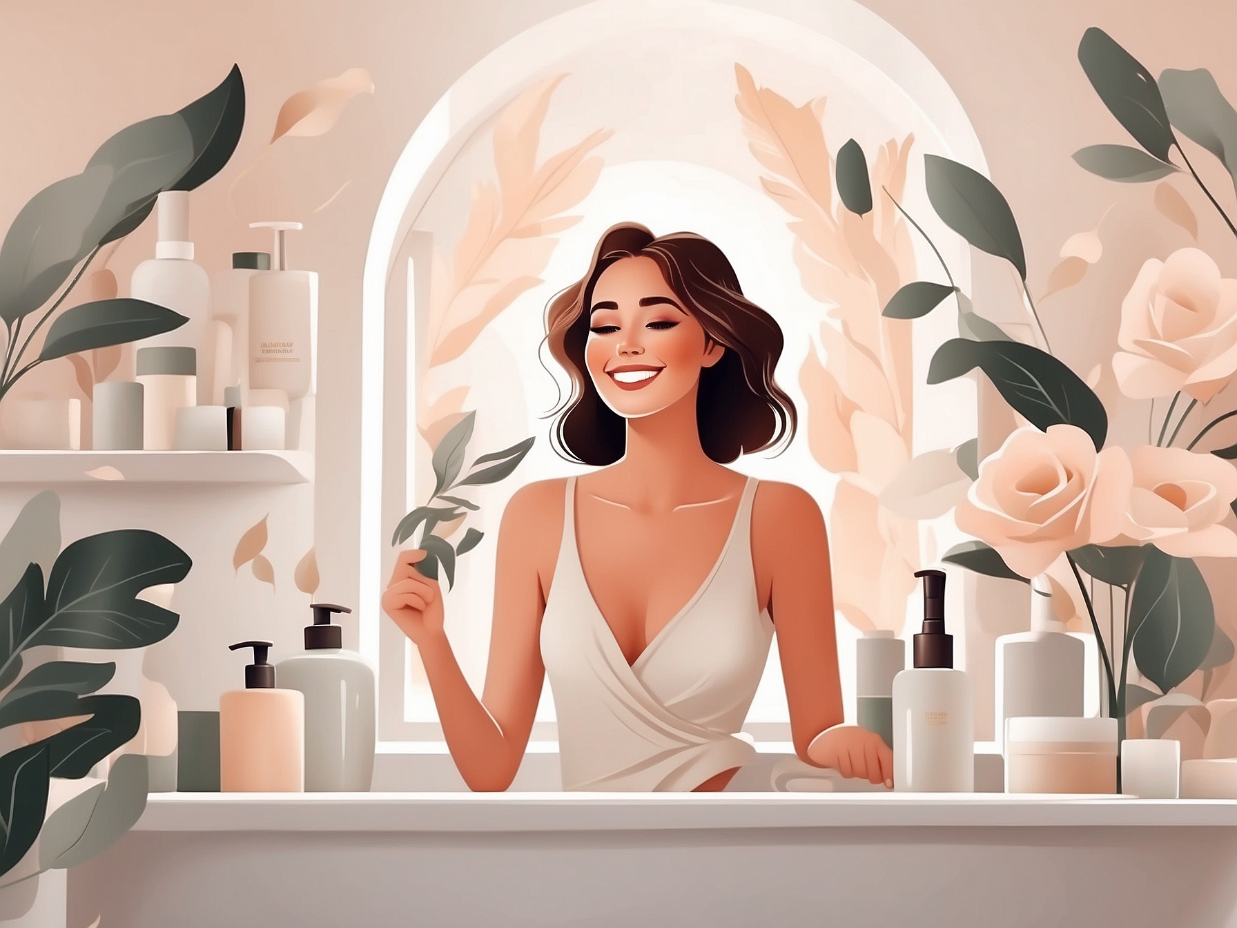 Femme souriante dans sa salle de bain entourée de soins cosmétiques