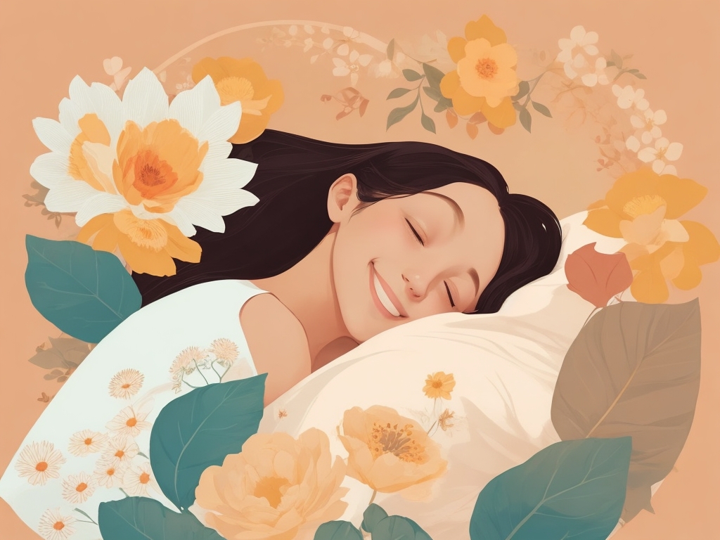Une femme souriante avec la tête appuyée sur un oreiller 